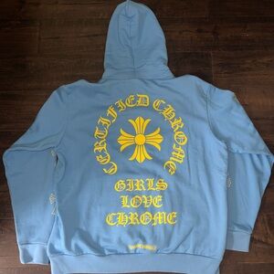 Chrome Hearts x Drake Girls Love Chrome hoodie, size large, light blue